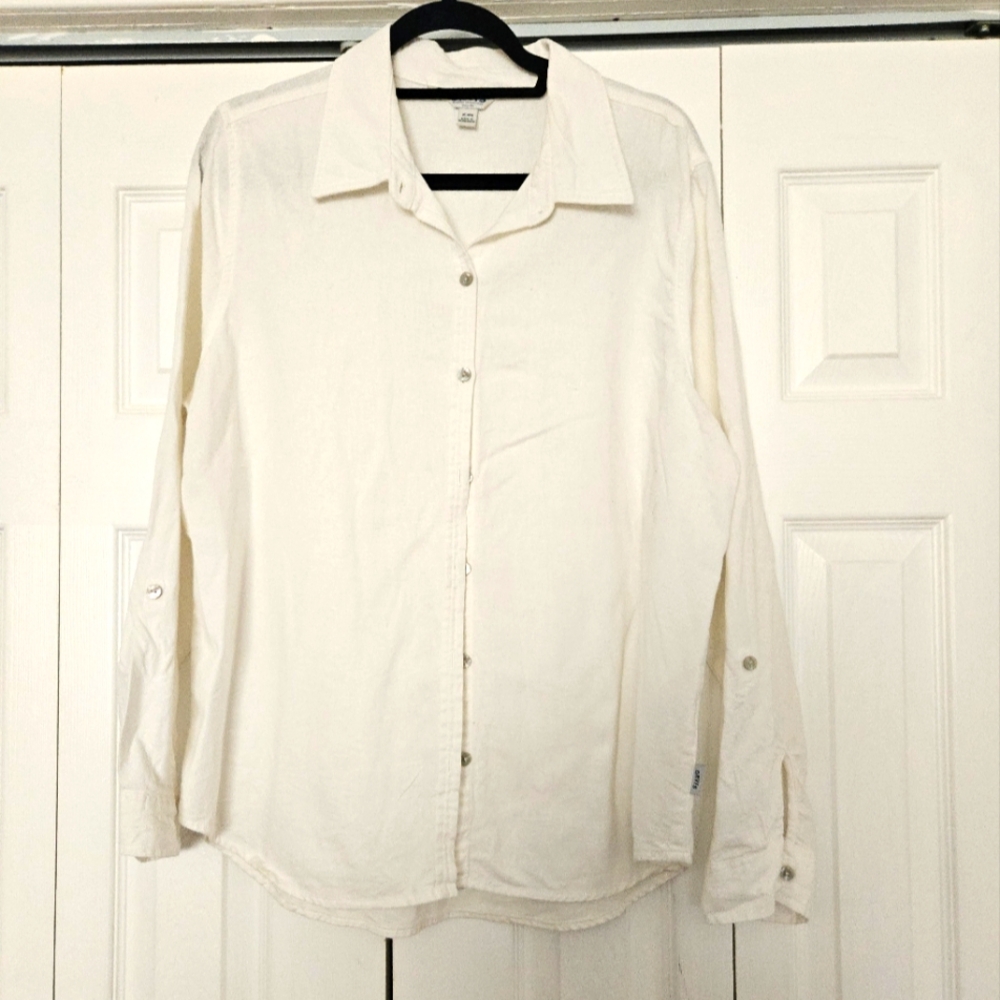 Orvis White Linen Rayon Button Up Shirt L Roll Tab Sleeve